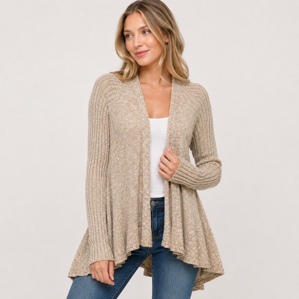 Free People Cardigan Womens S Beige Marled Knit Open Front Long Sleeve Boho